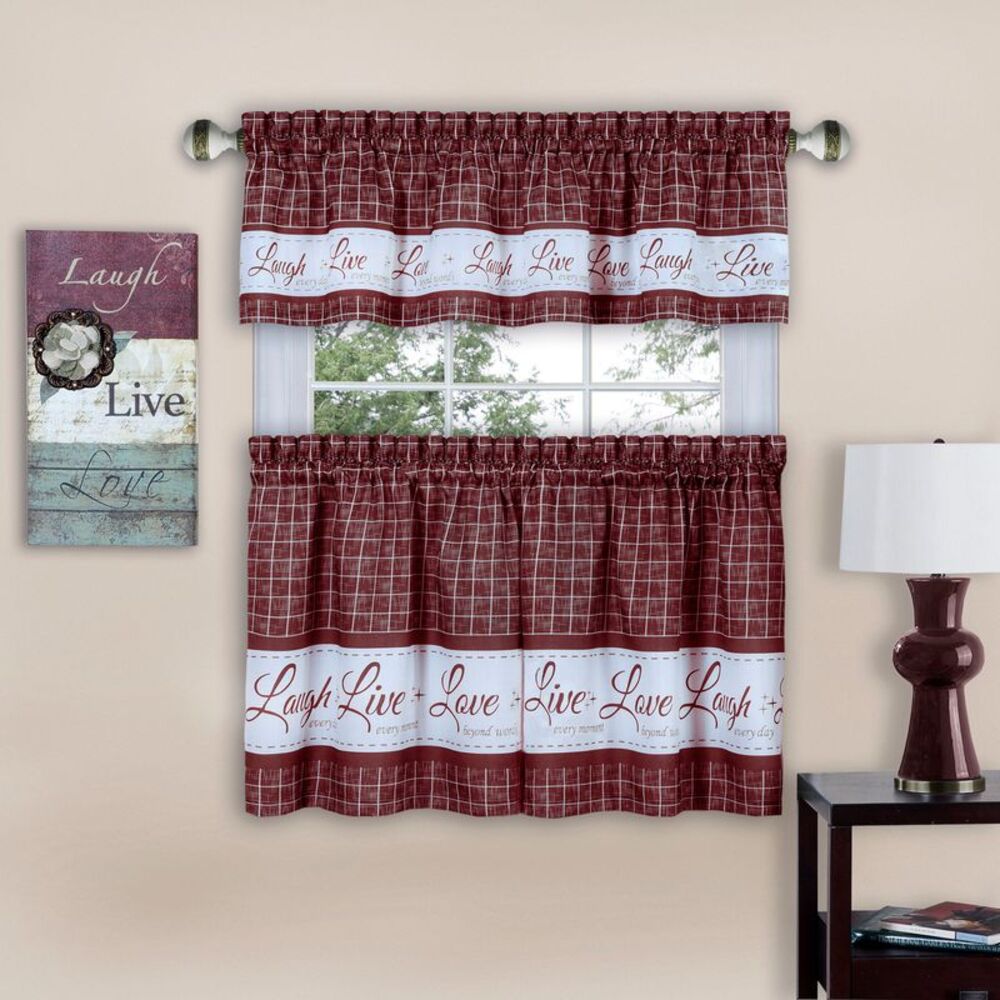 58 x 24 in. Live, Love, Laugh Window Curtain Tier Pair & Valance Set, Burgundy